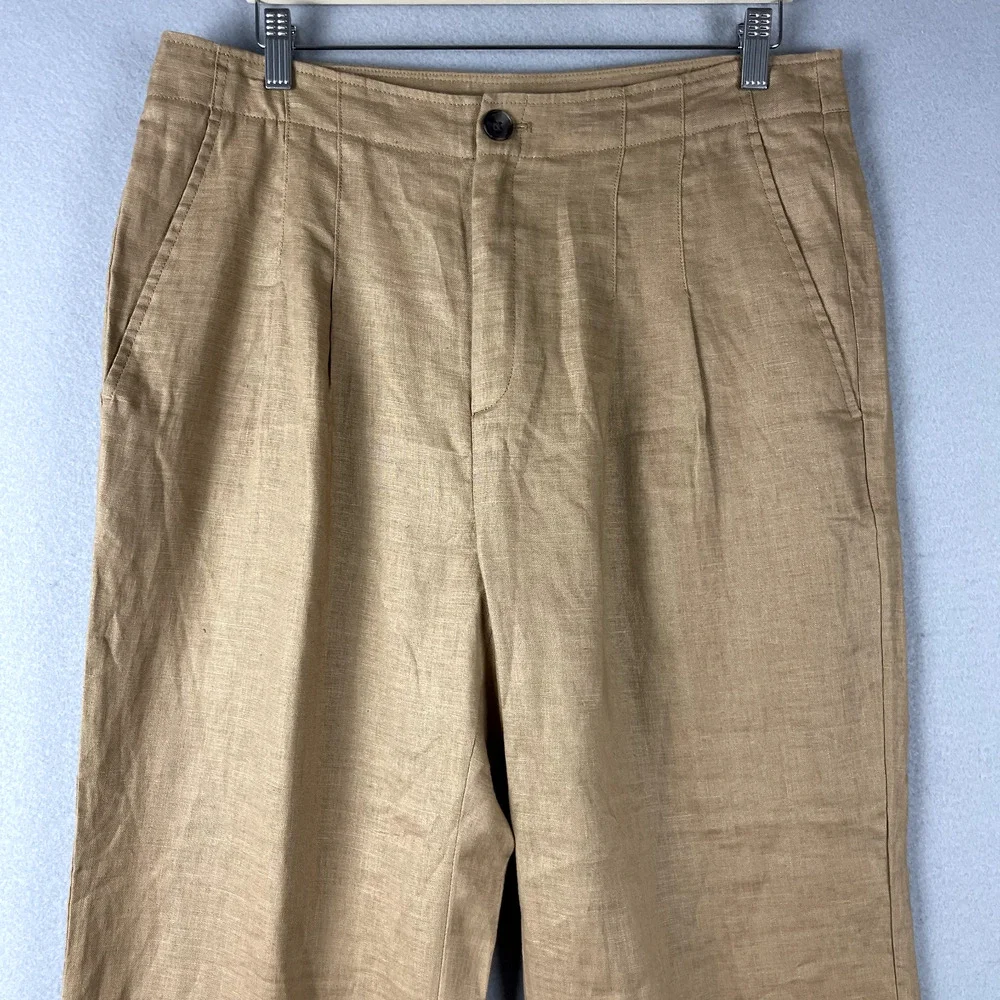 Banana Republic Linen Pant Women 12 Short 12S Latte Tan Wide Leg Pleated Classic